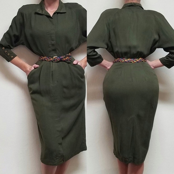 VINTAGE 70s ILGWU Katie MFG Army Green Draped Drop Shoulder Midi Shirt Dress 7/8 - Picture 1 of 16
